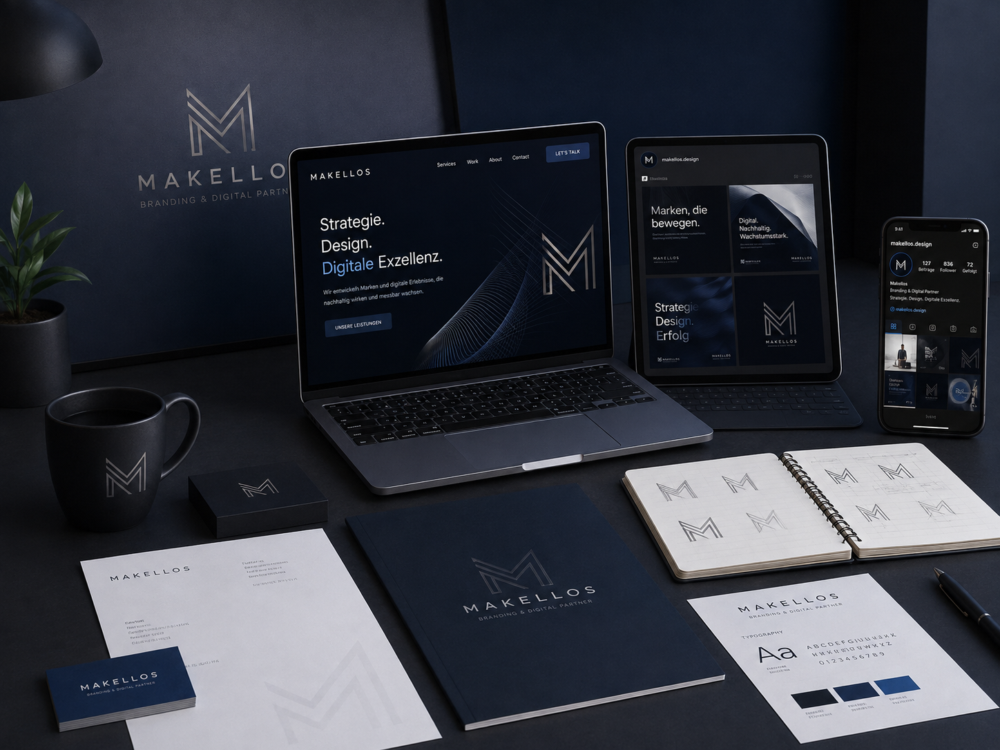 Makellos Digital- und Branding-Setup mit Laptop, Tablet und Smartphone