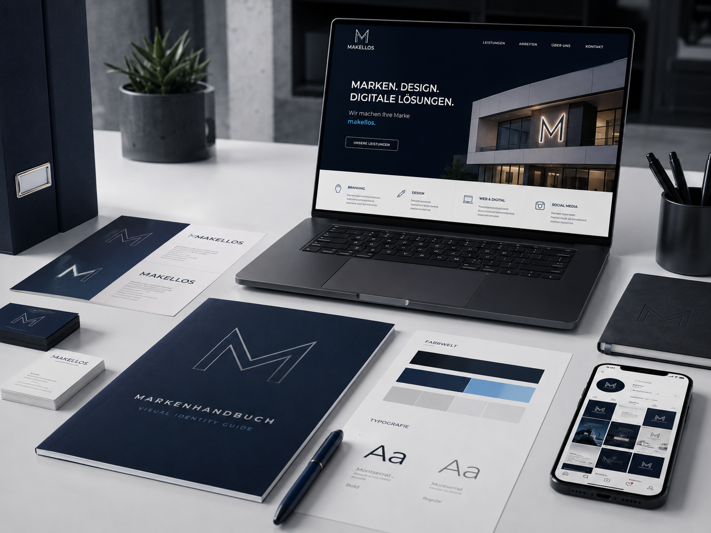 Makellos Brandingmaterialien mit Website, Styleguide und Social-Media-Ansichten