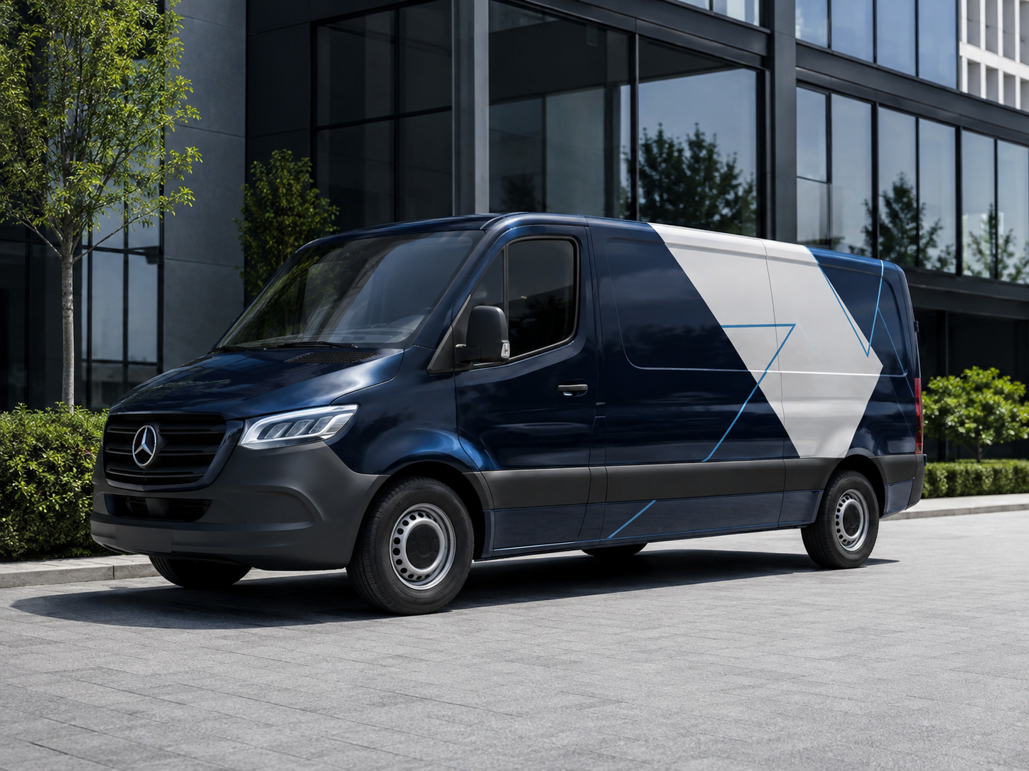 Modern folierter Firmen-Transporter vor zeitgemäßer Architektur